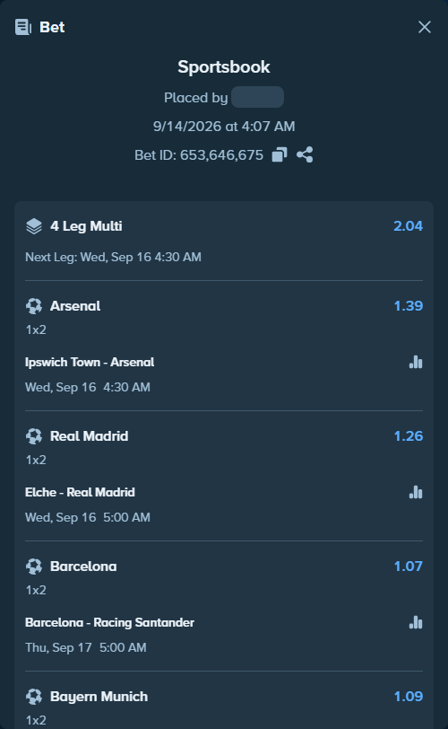 Bet slip: Ipswich Town - Arsenal, $11,156.09 stake at 1.39 odds, placed by Maxprof