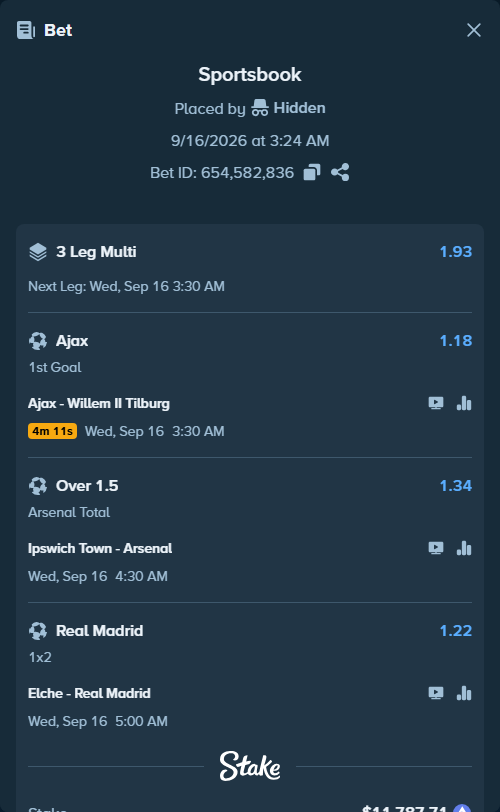 Bet slip: Ipswich Town - Arsenal, $11,635.38 stake at 1.34 odds, placed by Hidden