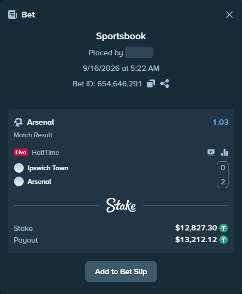 Bet slip: Ipswich Town - Arsenal, $12,827.30 stake at 1.03 odds, placed by sanchit86