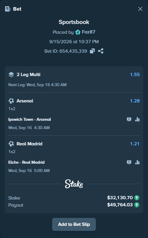 Bet slip: Ipswich Town - Arsenal, $32,130.70 stake at 1.28 odds, placed by Faz87