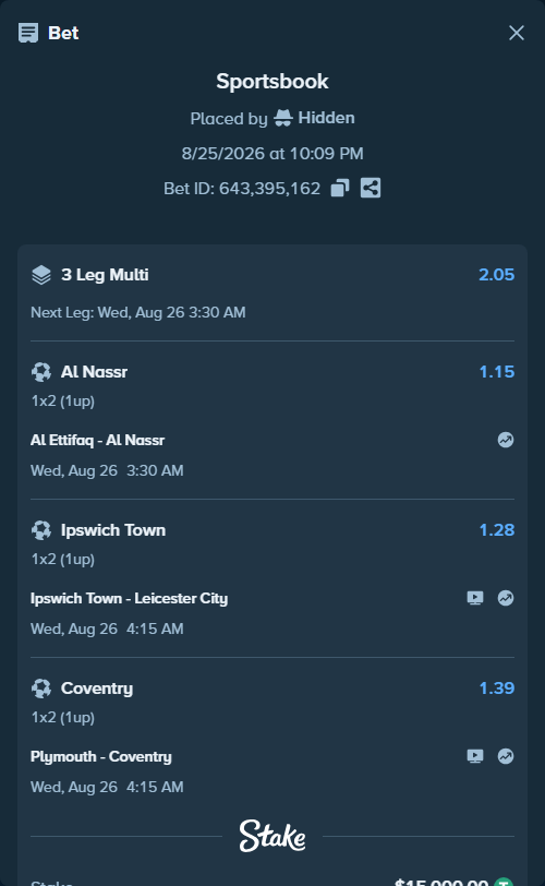 Bet slip: Ipswich Town - Leicester City, $15,000.00 stake at 1.28 odds, placed by Hidden