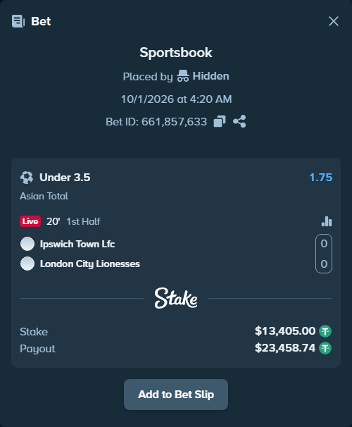 Bet slip: Ipswich Town Lfc - London City Lionesses, $13,405.00 stake at 1.75 odds, placed by Hidden
