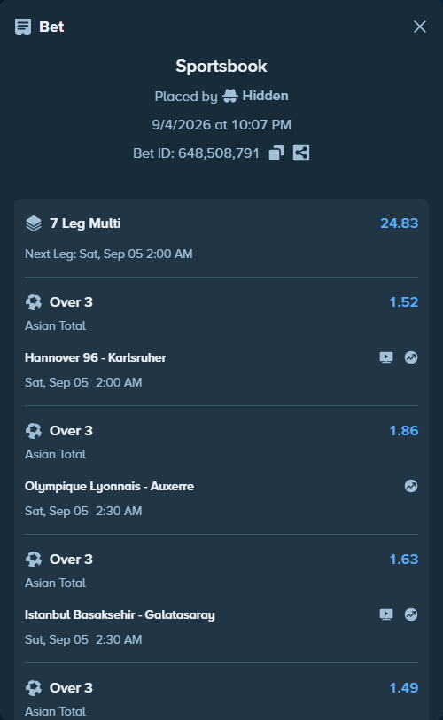 Bet slip: Ipswich Town - Liverpool, $10,000.00 stake at 1.64 odds, placed by Hidden