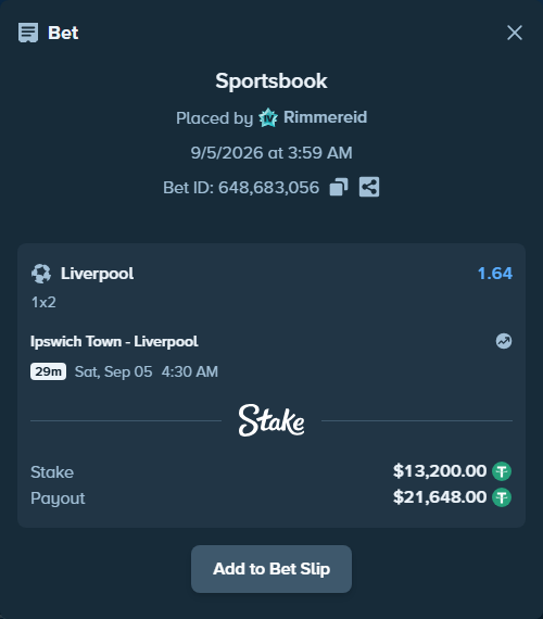 Bet slip: Ipswich Town - Liverpool, $13,197.36 stake at 1.64 odds, placed by Rimmereid