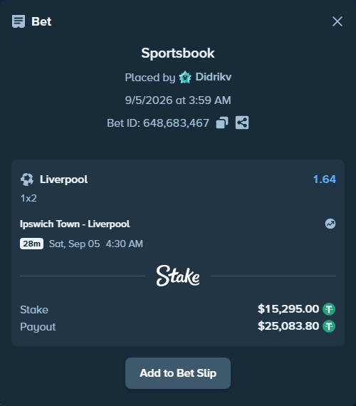 Bet slip: Ipswich Town - Liverpool, $15,291.94 stake at 1.64 odds, placed by Didrikv
