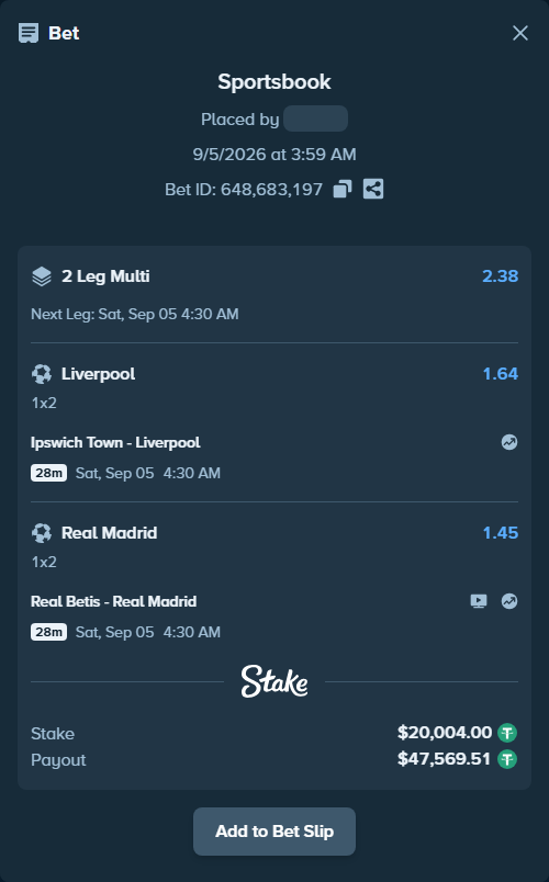 Bet slip: Ipswich Town - Liverpool, $20,000.00 stake at 1.64 odds, placed by ashaark