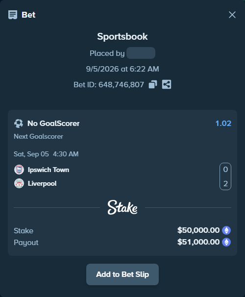 Bet slip: Ipswich Town - Liverpool, $49,918.04 stake at 1.02 odds, placed by TommyB74