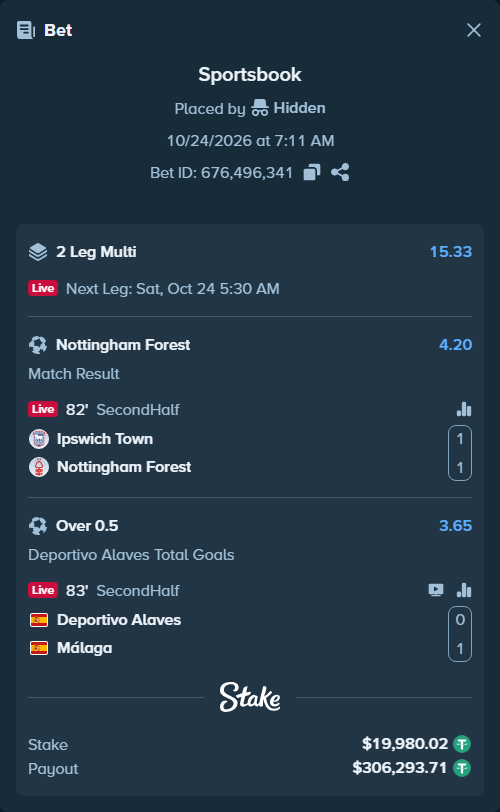Bet slip: Ipswich Town - Nottingham Forest, $20,000.00 stake at 4.20 odds, placed by Hidden