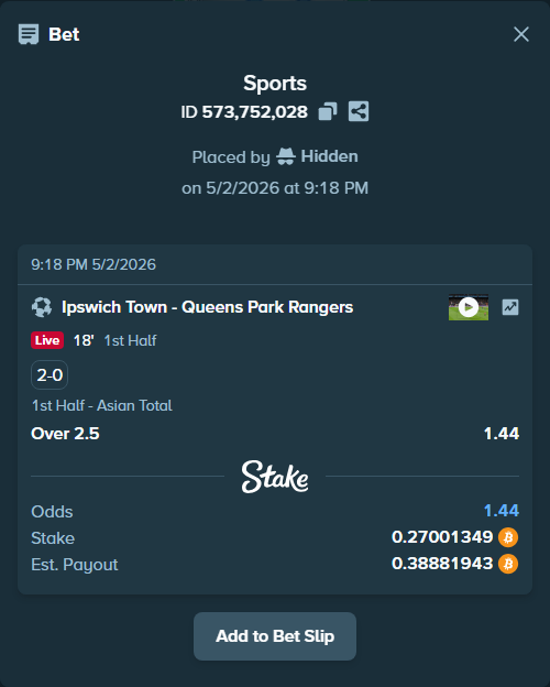 Bet slip: Ipswich Town - Queens Park Rangers, $17,357.01 stake at 1.44 odds, placed by Hidden