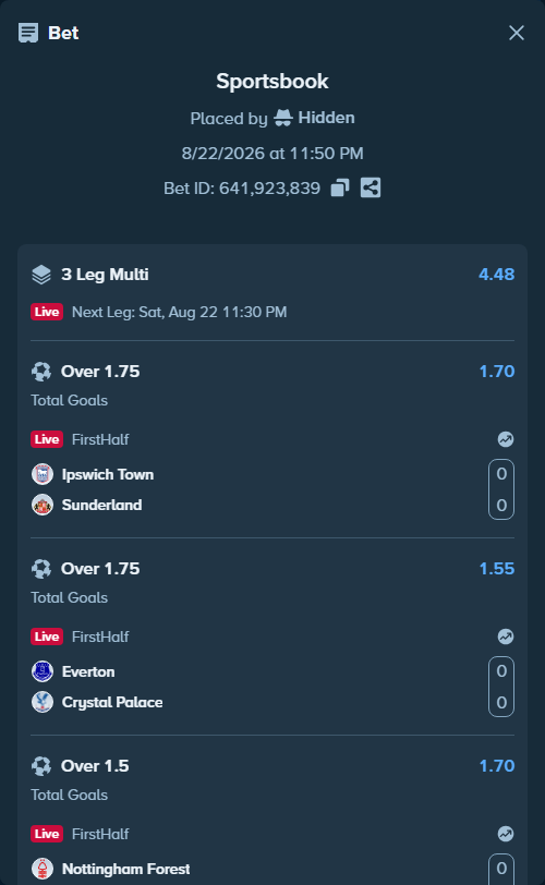 Bet slip: Ipswich Town - Sunderland, $100,000.00 stake at 1.70 odds, placed by Hidden