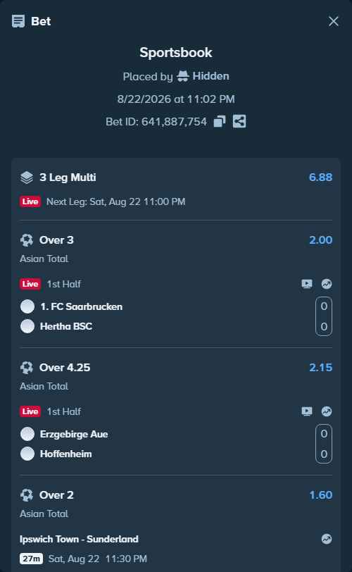 Bet slip: Ipswich Town - Sunderland, $10,964.71 stake at 1.60 odds, placed by Hidden