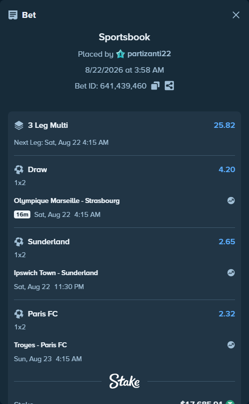 Bet slip: Ipswich Town - Sunderland, $17,685.91 stake at 2.65 odds, placed by partizanti22