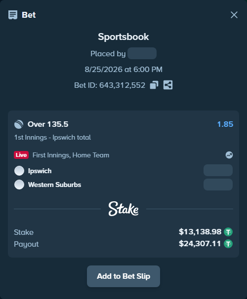Bet slip: Ipswich - Western Suburbs, $13,138.98 stake at 1.85 odds, placed by Munni12300