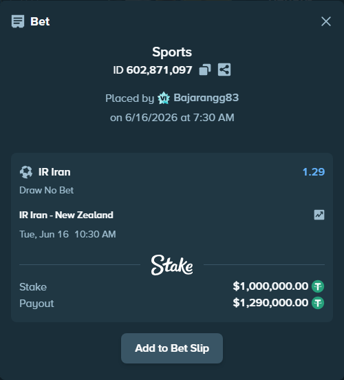 Bet slip: IR Iran - New Zealand, $1,000,000.00 stake at 1.29 odds, placed by Bajarangg83