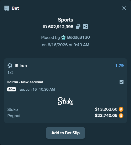 Bet slip: IR Iran - New Zealand, $12,810.40 stake at 1.79 odds, placed by Baddy3130