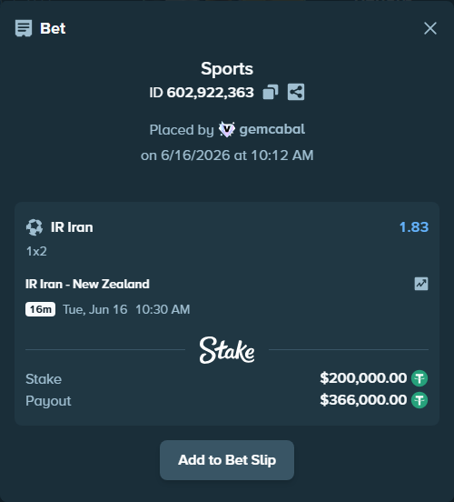 Bet slip: IR Iran - New Zealand, $200,200.00 stake at 1.83 odds, placed by gemcabal