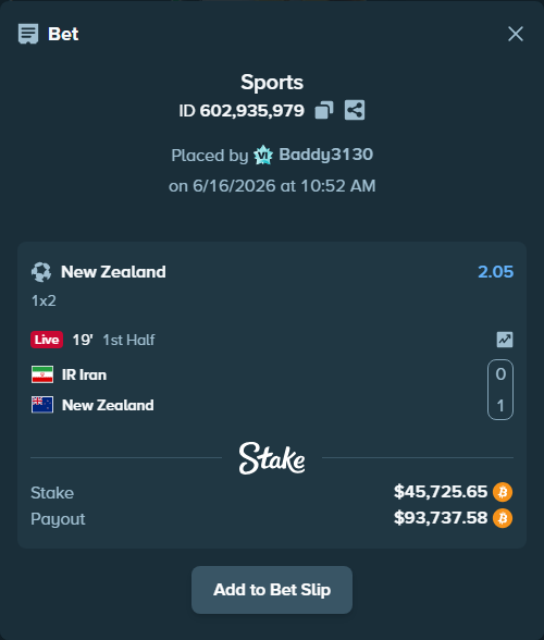 Bet slip: IR Iran - New Zealand, $44,195.88 stake at 2.05 odds, placed by Baddy3130