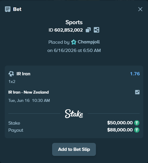 Bet slip: IR Iran - New Zealand, $50,000.00 stake at 1.76 odds, placed by Champjoll