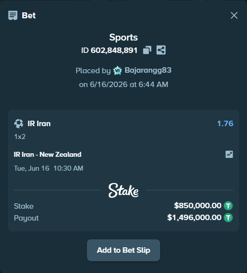 Bet slip: IR Iran - New Zealand, $850,000.00 stake at 1.76 odds, placed by Bajarangg83