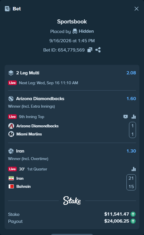 Bet slip: Iran - Bahrain, $11,553.01 stake at 1.30 odds, placed by Hidden