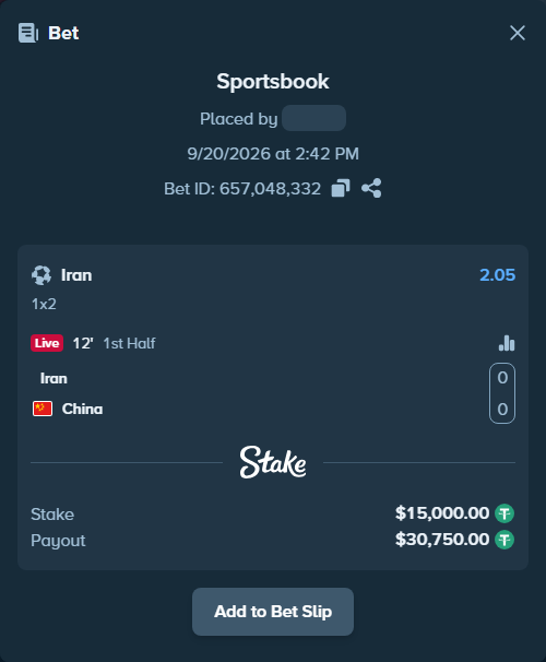 Bet slip: Iran - China, $15,000.00 stake at 2.05 odds, placed by tlwns4736