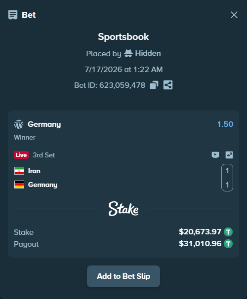 Bet slip: Iran - Germany, $20,694.64 stake at 1.50 odds, placed by Hidden