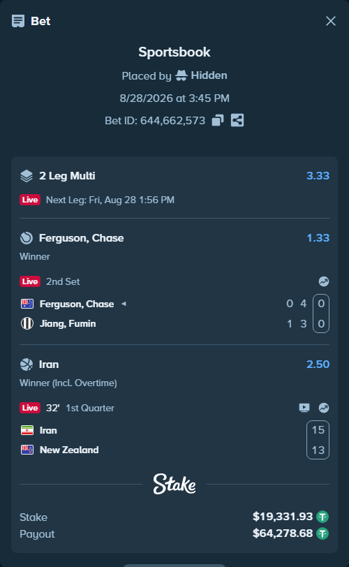 Bet slip: Iran - New Zealand, $19,330.00 stake at 2.50 odds, placed by Hidden