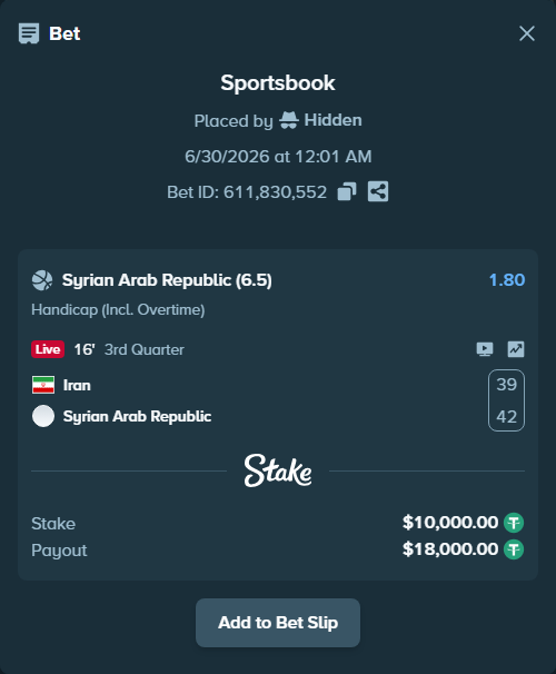 Bet slip: Iran - Syria, $10,020.00 stake at 1.80 odds, placed by Hidden