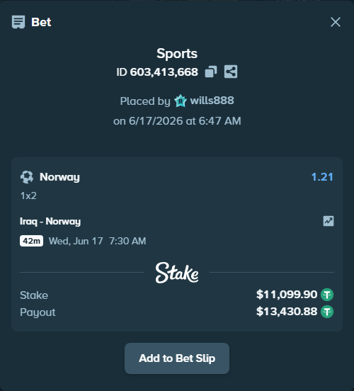 Bet slip: Iraq - Norway, $11,111.00 stake at 1.21 odds, placed by wills888