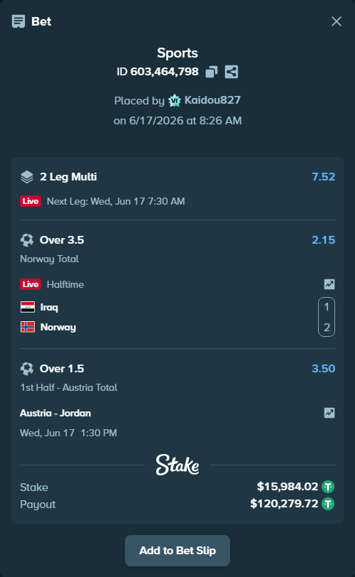 Bet slip: Iraq - Norway, $16,000.00 stake at 2.15 odds, placed by Kaidou827