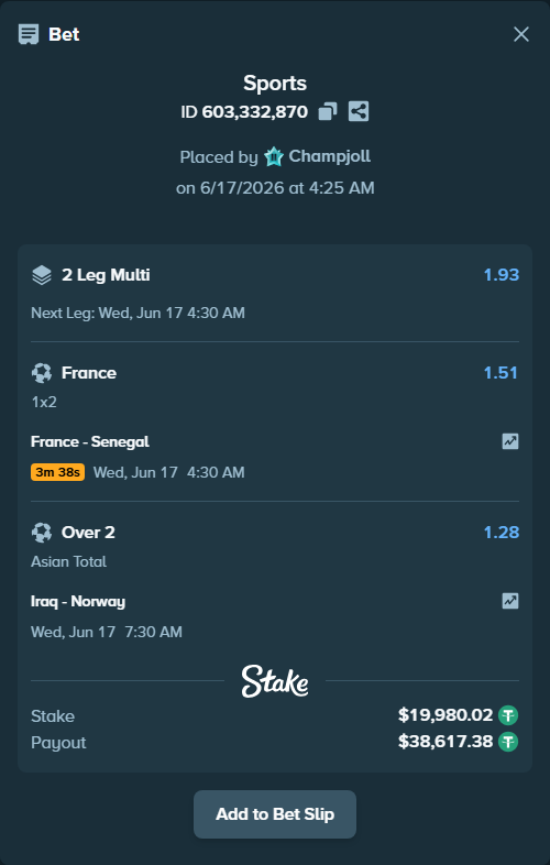 Bet slip: Iraq - Norway, $20,000.00 stake at 1.28 odds, placed by Champjoll