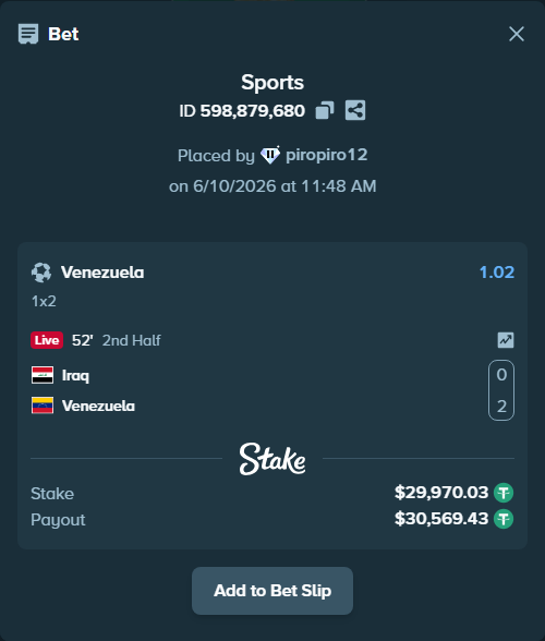 Bet slip: Iraq - Venezuela, $30,000.00 stake at 1.02 odds, placed by piropiro12