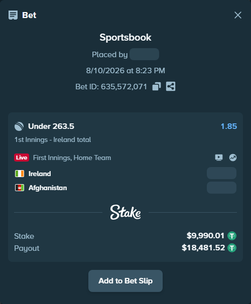 Bet slip: Ireland - Afghanistan, $10,000.00 stake at 1.85 odds, placed by Riot121