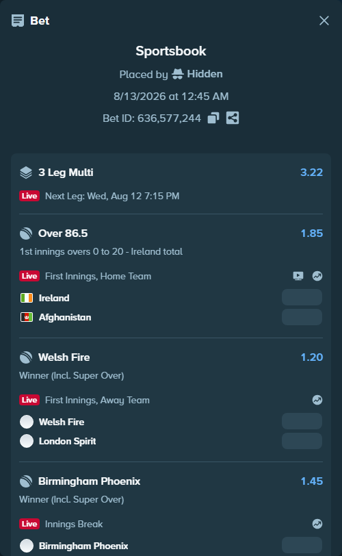 Bet slip: Ireland - Afghanistan, $10,703.00 stake at 1.85 odds, placed by Hidden