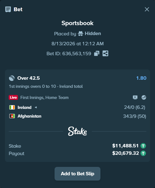 Bet slip: Ireland - Afghanistan, $11,500.00 stake at 1.80 odds, placed by Hidden