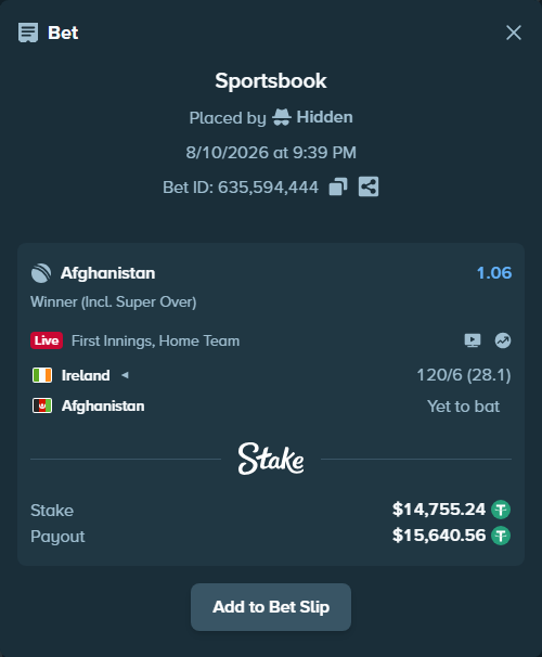 Bet slip: Ireland - Afghanistan, $14,770.00 stake at 1.06 odds, placed by mridul365365