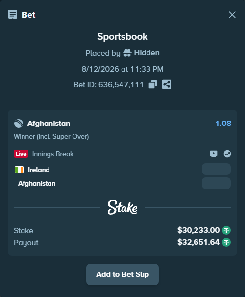 Bet slip: Ireland - Afghanistan, $30,263.23 stake at 1.08 odds, placed by Hidden