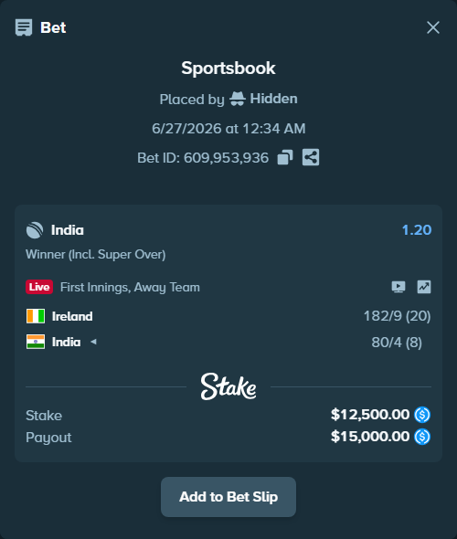 Bet slip: Ireland - India, $12,500.00 stake at 1.20 odds, placed by Hidden