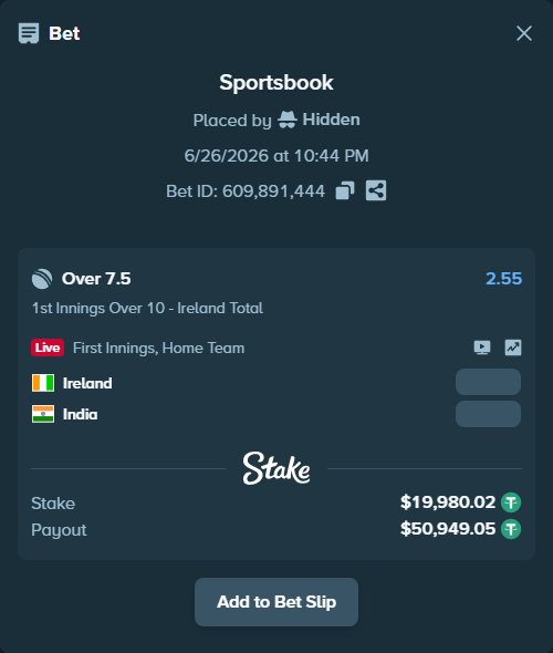 Bet slip: Ireland - India, $20,000.00 stake at 2.55 odds, placed by Hidden