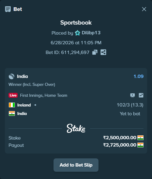 Bet slip: Ireland - India, $30,000.00 stake at 1.09 odds, placed by Dilibp13