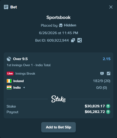 Bet slip: Ireland - India, $30,860.00 stake at 2.15 odds, placed by Hidden