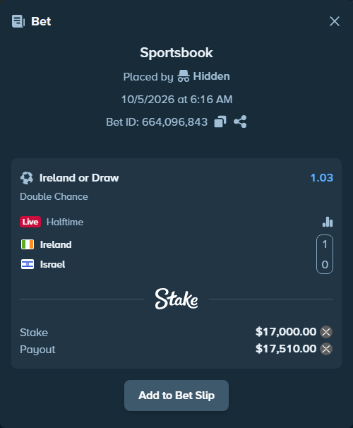 Bet slip: Ireland - Israel, $17,026.91 stake at 1.03 odds, placed by Hidden