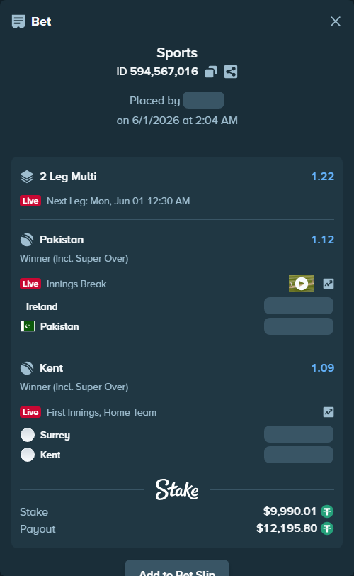 Bet slip: Ireland - Pakistan, $10,000.00 stake at 1.12 odds, placed by mridul365365