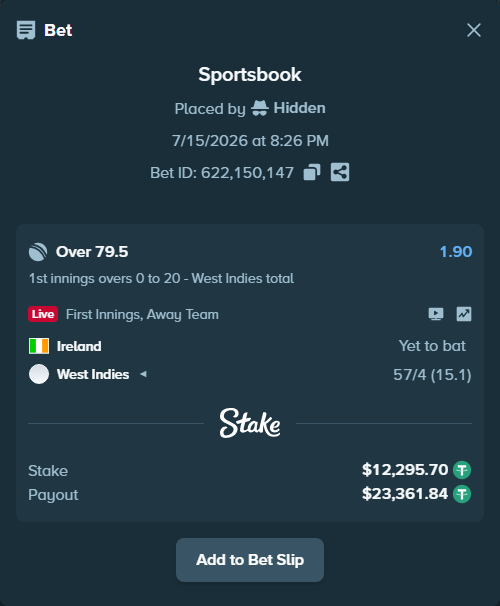 Bet slip: Ireland - West Indies, $12,308.00 stake at 1.90 odds, placed by Hidden