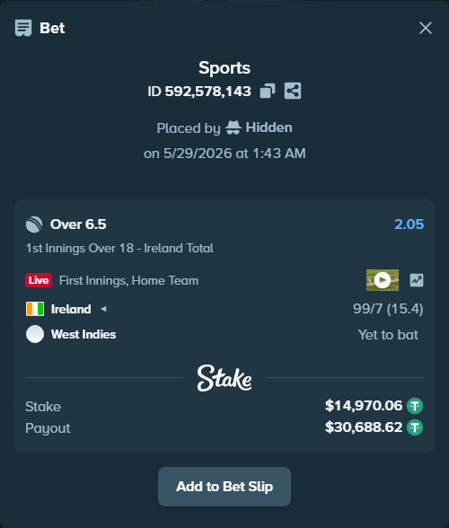Bet slip: Ireland - West Indies, $15,000.00 stake at 2.05 odds, placed by Hidden