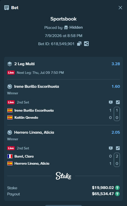 Bet slip: Irene Burillo Escorihuela - Kaitlin Qevedo, $20,000.00 stake at 1.60 odds, placed by Hidden