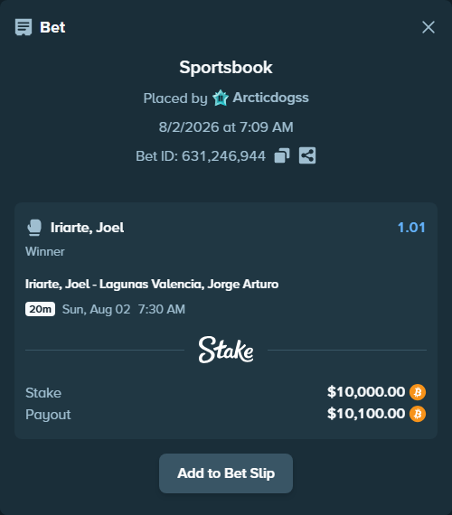 Bet slip: Iriarte, Joel - Lagunas Valencia, Jorge Arturo, $10,259.68 stake at 1.01 odds, placed by Arcticdogss