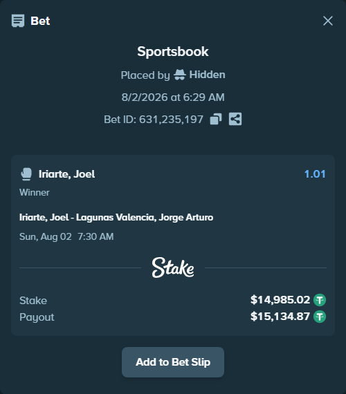 Bet slip: Iriarte, Joel - Lagunas Valencia, Jorge Arturo, $15,000.00 stake at 1.01 odds, placed by Hidden