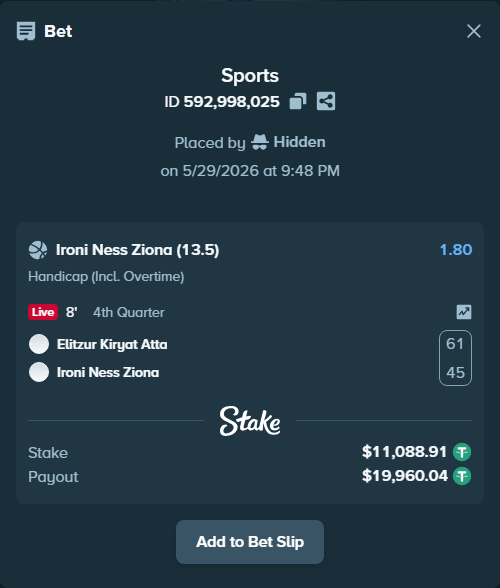 Bet slip: Ironi Kiryat ATA - Ironi Ness Ziona, $11,100.00 stake at 1.80 odds, placed by Hidden