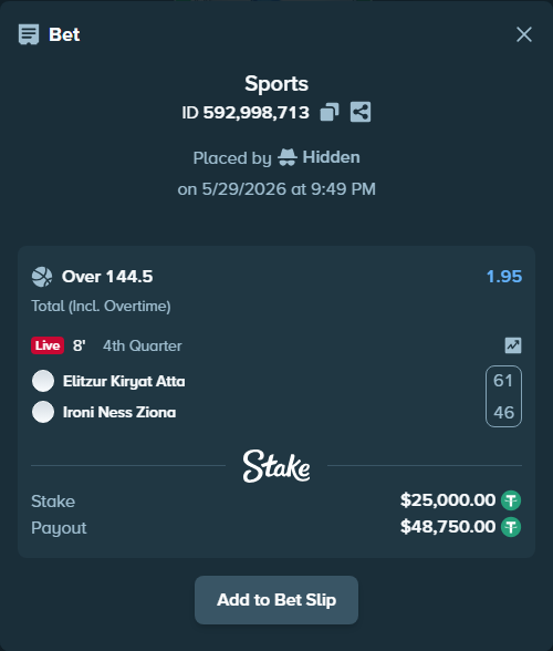 Bet slip: Ironi Kiryat ATA - Ironi Ness Ziona, $25,025.00 stake at 1.95 odds, placed by Hidden